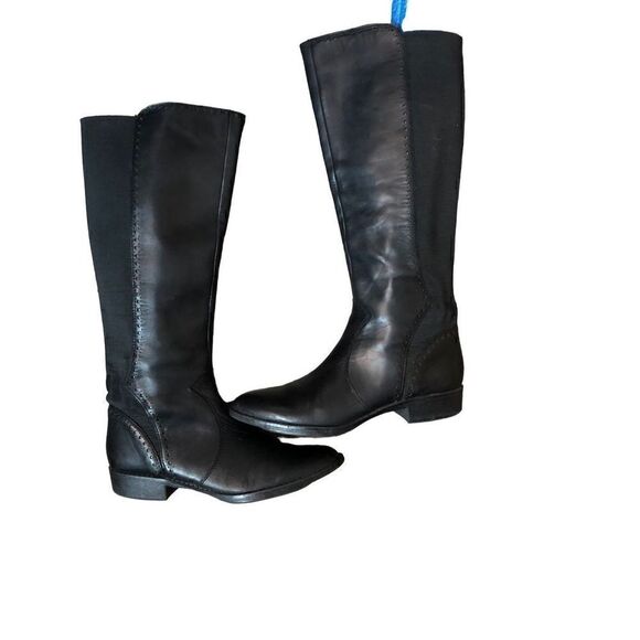 Ann Taylor Loft black leather riding boot with stretch band in back. Pull on siz - Picture 3 of 14